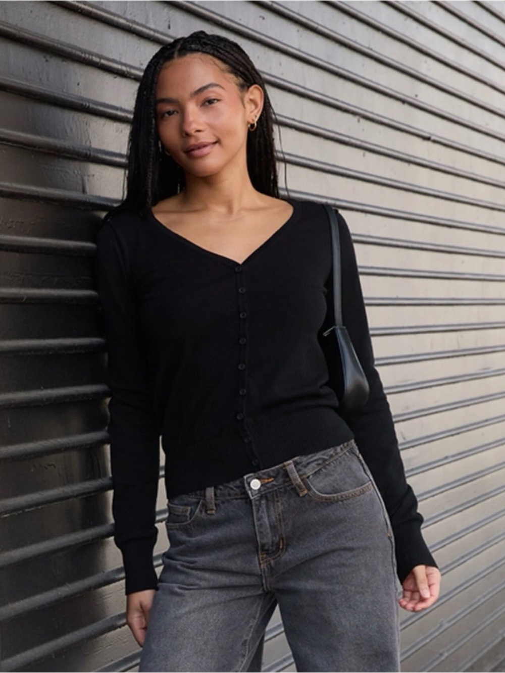 Brandy Melville Black Ribbed Knit Shannon Cardigan Sweater